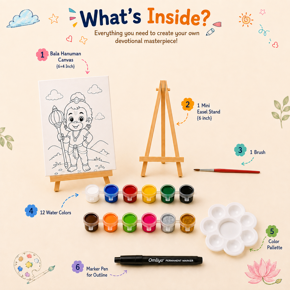 Bala Hanuman's DIY Painting Kit  |  Pre-Marked Canvas Art Set with Mini Easel Stand