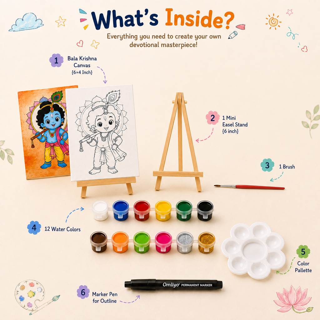 Bala Krishna's DIY Painting Kit  |  Pre-Marked Canvas Art Set with Mini Easel Stand