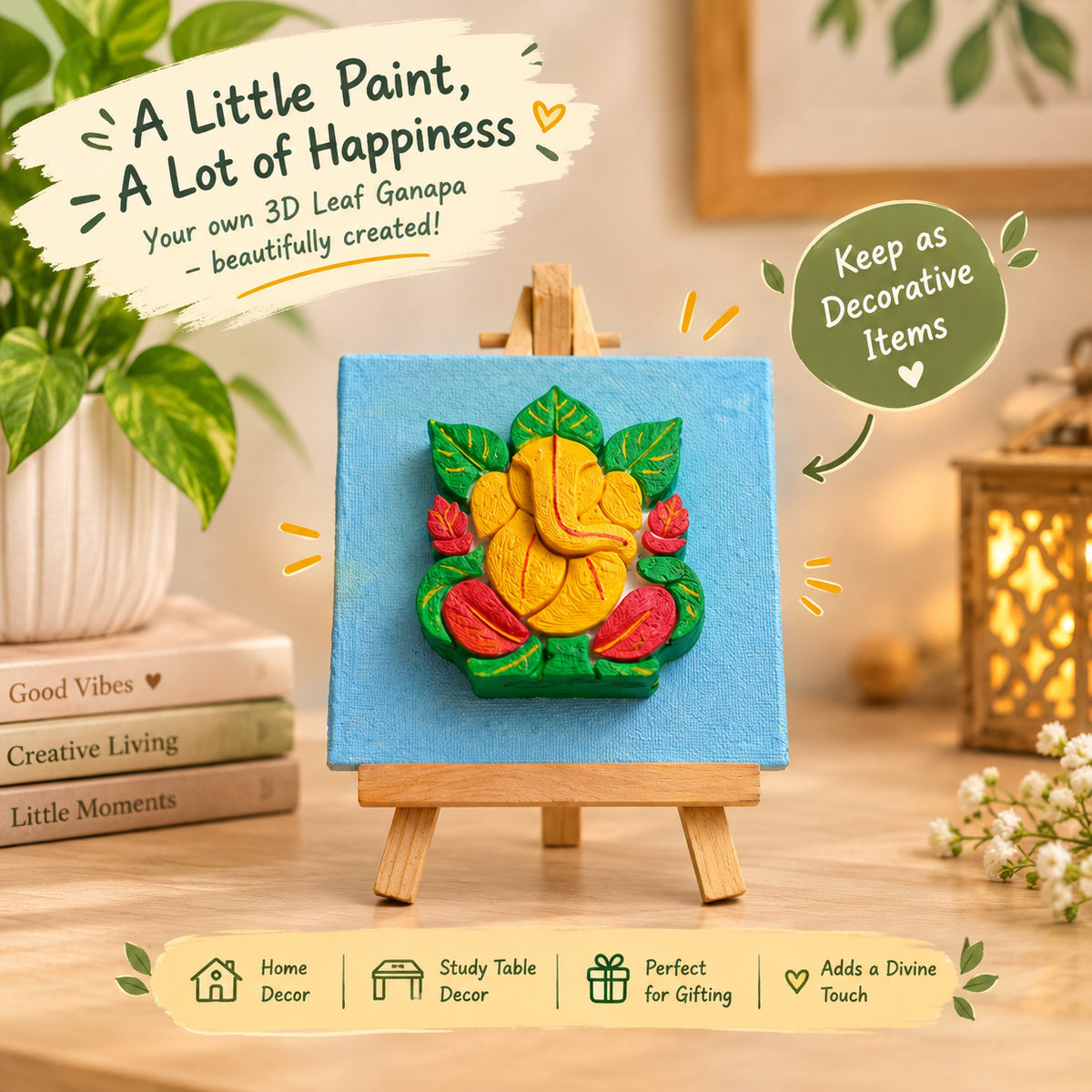3D Leaf Ganapa DIY Painting Kit for Kids | 4×4 Inch Ganesha Canvas with 6 Acrylic Colors