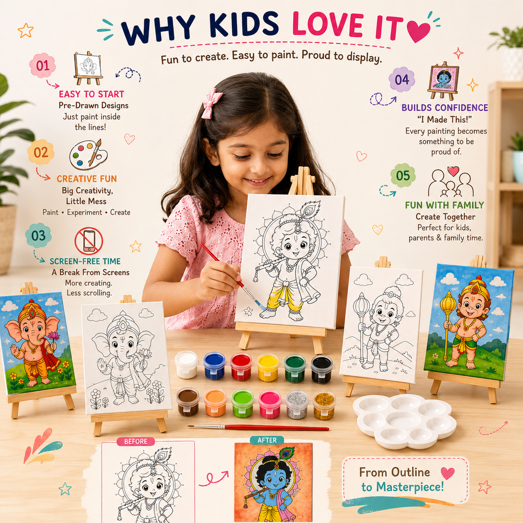 Bala Deities DIY Painting Kit  | 3 Pre-Marked Canvas Art Set (Ganesh, Krishna & Hanuman)