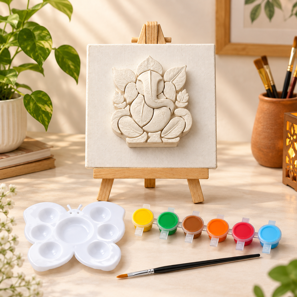 3D Leaf Ganapa DIY Painting Kit for Kids | 4×4 Inch Ganesha Canvas with 6 Acrylic Colors