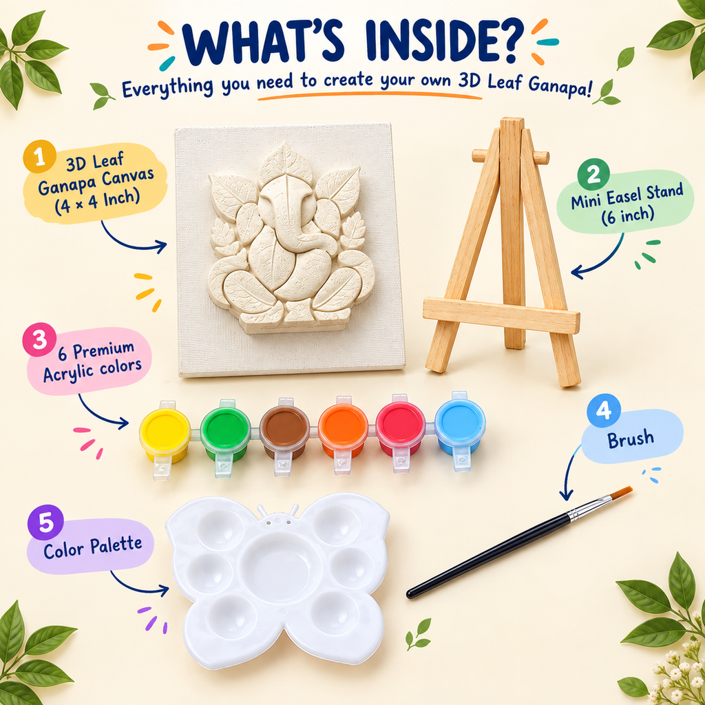 3D Leaf Ganapa DIY Painting Kit for Kids | 4×4 Inch Ganesha Canvas with 6 Acrylic Colors