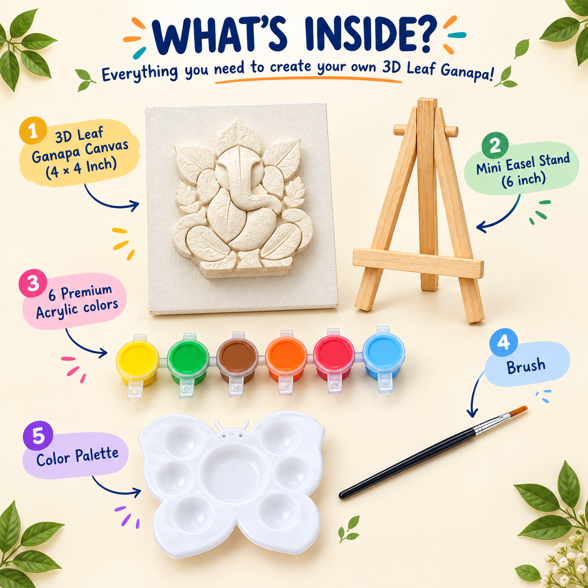 3D Leaf Ganapa DIY Painting Kit for Kids | 4×4 Inch Ganesha Canvas with 6 Acrylic Colors