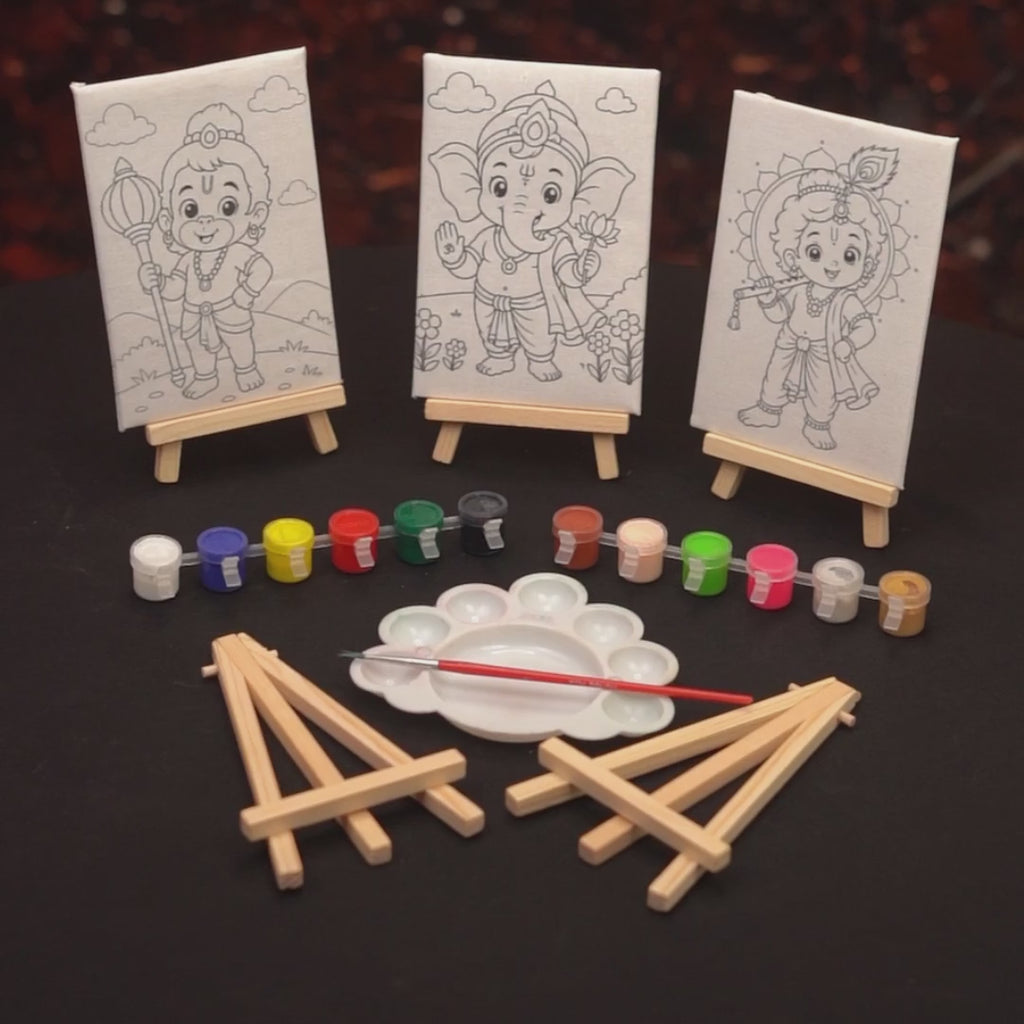 Bala Deities DIY Painting Kit  | 3 Pre-Marked Canvas Art Set (Ganesh, Krishna & Hanuman)